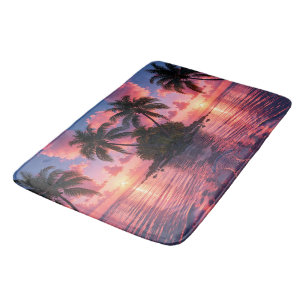Tropical Palm Tree Sunset Pink Ocean Beach  Bath Mat