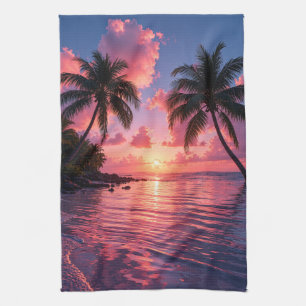 Tropical Palm Tree Sunset Pink Ocean Beach Kitchen Towel