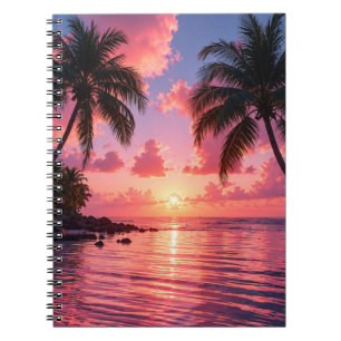 Tropical Palm Tree Sunset Pink Ocean Beach Notebook