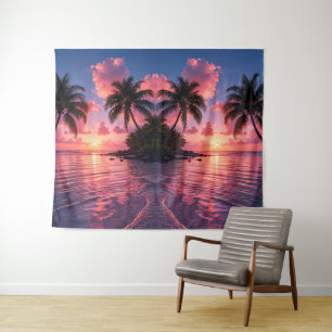Tropical Palm Tree Sunset Pink Ocean Beach Tapestry