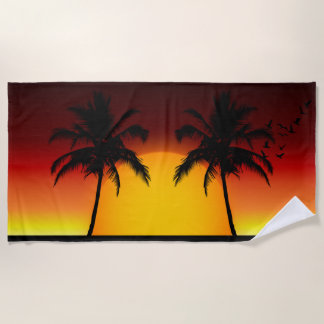 Tropical Palm Tree Sunset Silhouette Beach Towel