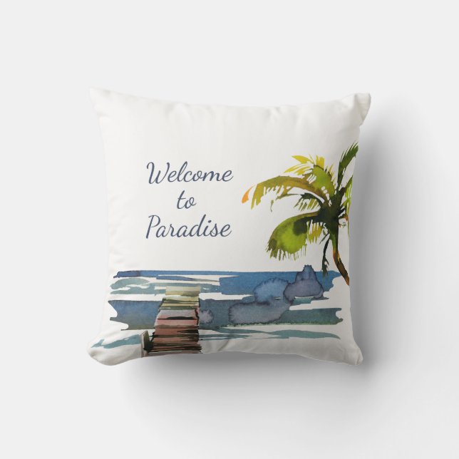 Tropical Palm Tree Waterfront Dock Patio Outdoor Pillow (Front)
