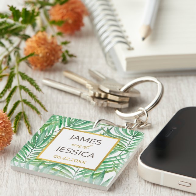 Tropical Palm Tree Wedding Favour Acrylic Square Keychain (Front Right)