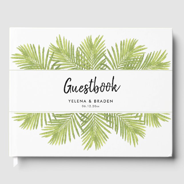 Tropical palm tree wedding guest book (Front)