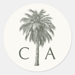Tropical Palm Tree Wedding Initials Monogram Classic Round Sticker