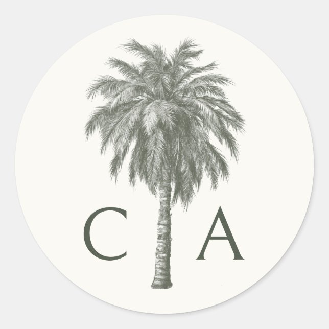 Tropical Palm Tree Wedding Initials Monogram Classic Round Sticker (Front)