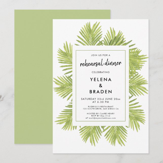 Tropical palm tree wedding rehearsal dinner invitation (Front/Back)