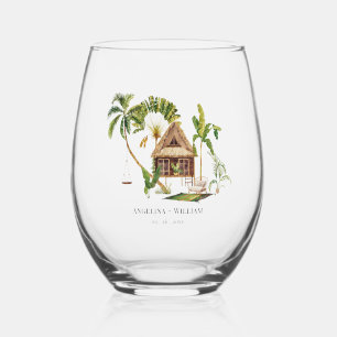 Tropical Palm Tree Wedding Stemless Wine Glass