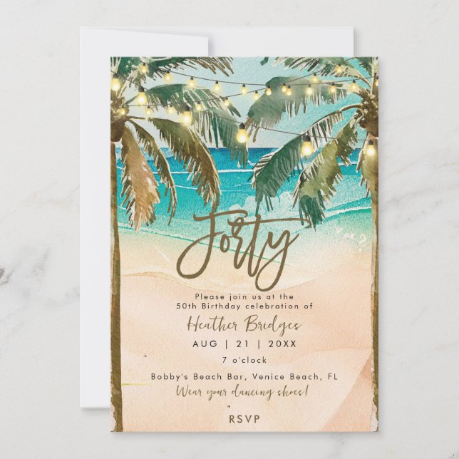 Tropical palm trees 40th birthday party invitation (Front)