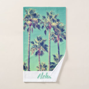 Tropical Palm Trees against Teal Green Aloha Hand Towel