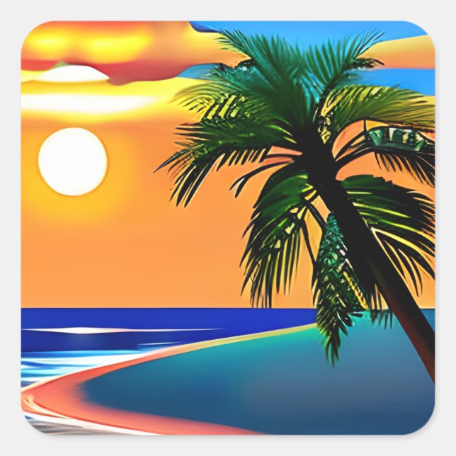 Tropical Palm Trees and Ocean Colourful Square Sticker (Front)
