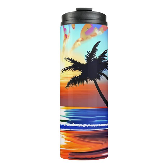 Tropical Palm Trees and Ocean Colourful Thermal Tumbler (Front)