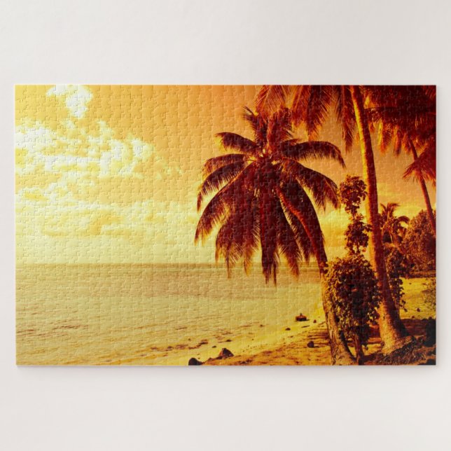 Tropical palm trees at a beach at sunset jigsaw puzzle (Horizontal)