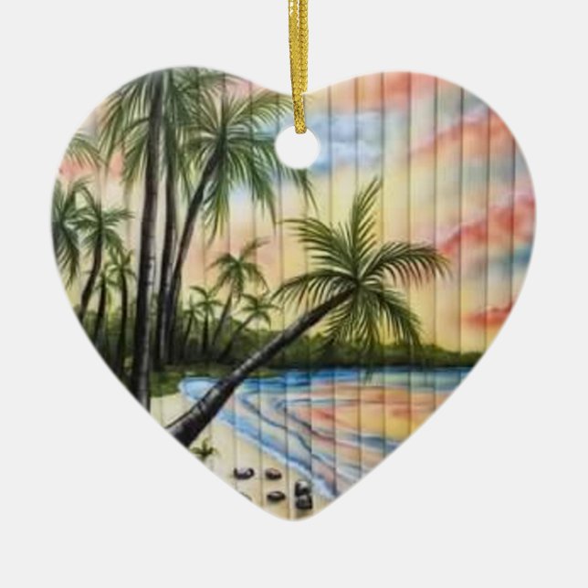 TROPICAL PALM TREES BEACH BLINDS CERAMIC ORNAMENT (Front)