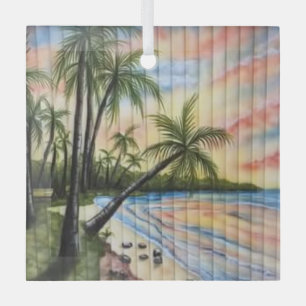 TROPICAL PALM TREES BEACH BLINDS GLASS ORNAMENT