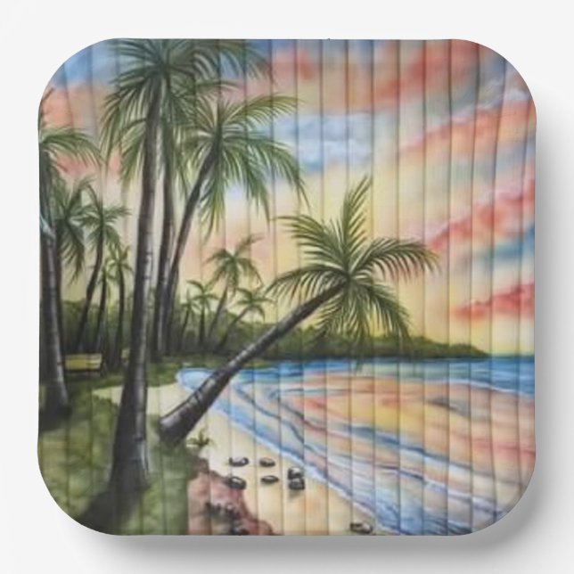 TROPICAL PALM TREES BEACH BLINDS PAPER PLATE (Front)