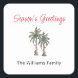 Tropical Palm Trees Beach Christmas Illustration  Square Sticker<br><div class="desc">Tropical Christmas foliage sticker,  with a palm trees illustration and script typography. With customizable lettering,  you add your own information. A cheerful way to celebrate the holidays with a theme from the beach.</div>