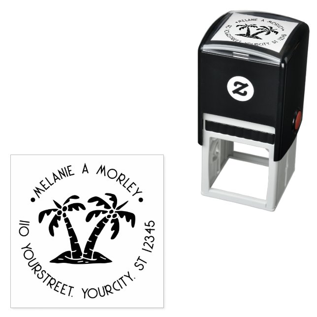 Tropical Palm Trees Beach Round Name Address #2 Self-inking Stamp (In Situ)
