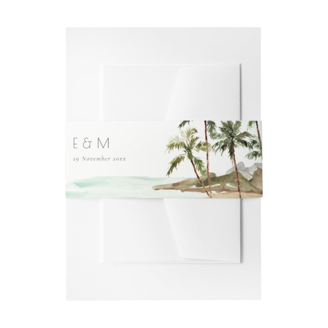 Tropical Palm Trees Beach Sand Monogram Wedding Invitation Belly Band (Front Example)