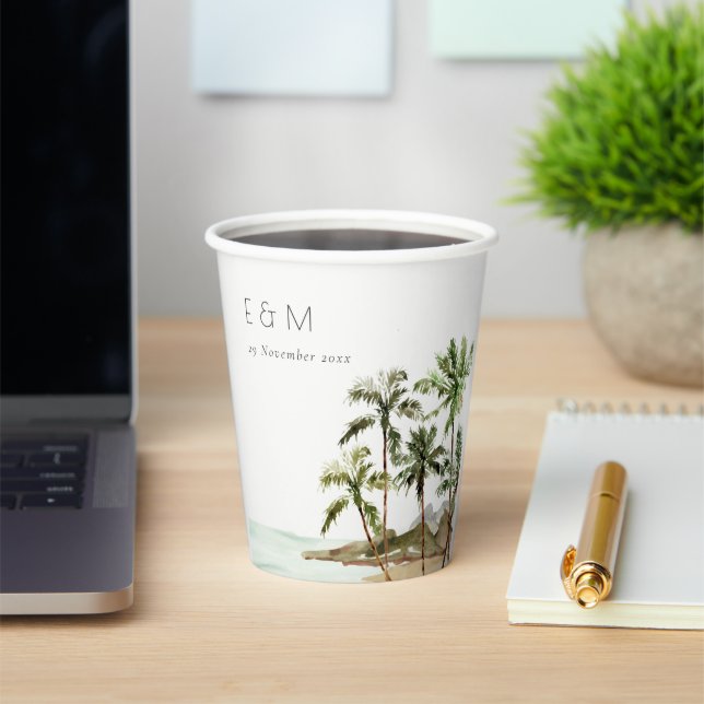 Tropical Palm Trees Beach Sand Monogram Wedding  Paper Cups (Insitu)