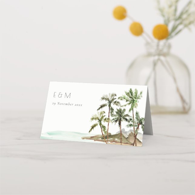 Tropical Palm Trees Beach Sand Monogram Wedding Place Card (Front)