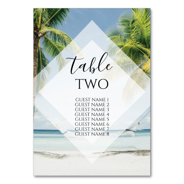 Tropical Palm Trees Beach Wedding Guest Names Table Number (Front)