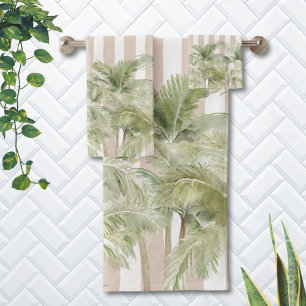 Tropical Palm Trees Beige Stripes Beach House Bath Towel Set