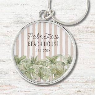 Tropical Palm Trees Beige Stripes Beach House Keychain