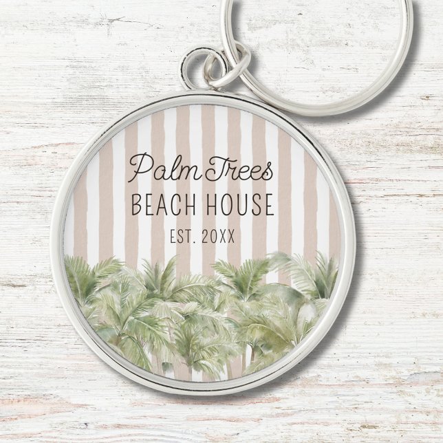 Tropical Palm Trees Beige Stripes Beach House Keychain (In situ)