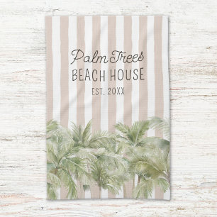 Tropical Palm Trees Beige Stripes Beach House Kitchen Towel