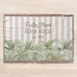 Tropical Palm Trees Beige Stripes Beach House Throw Blanket