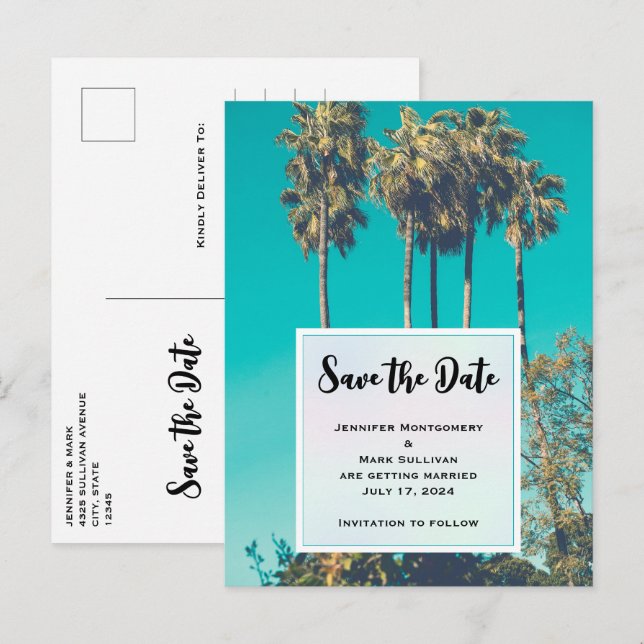 Tropical Palm Trees California Save the Date Invitation Postcard (Front/Back)