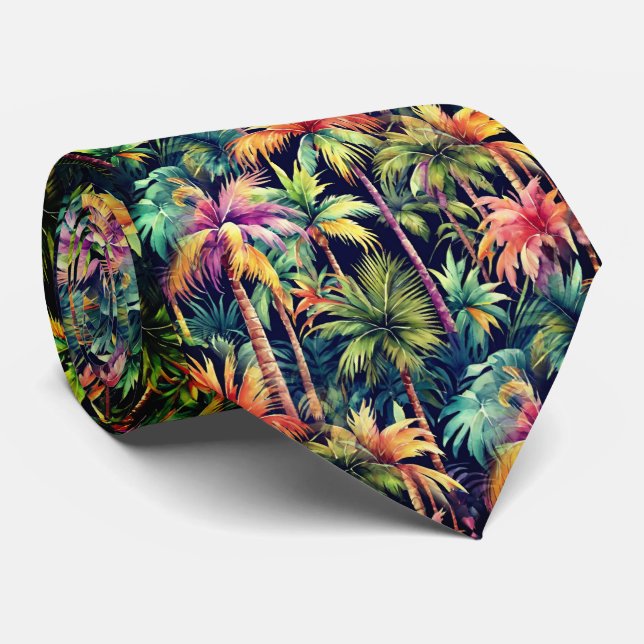 Tropical Palm Trees Coastal Beach Night Tie (Rolled)