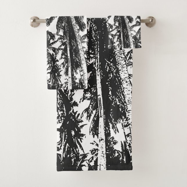 Tropical Palm Trees Design. Black and white. Bath Towel Set (Insitu)