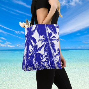 Tropical Palm Trees Design in Blue and White Tote Bag