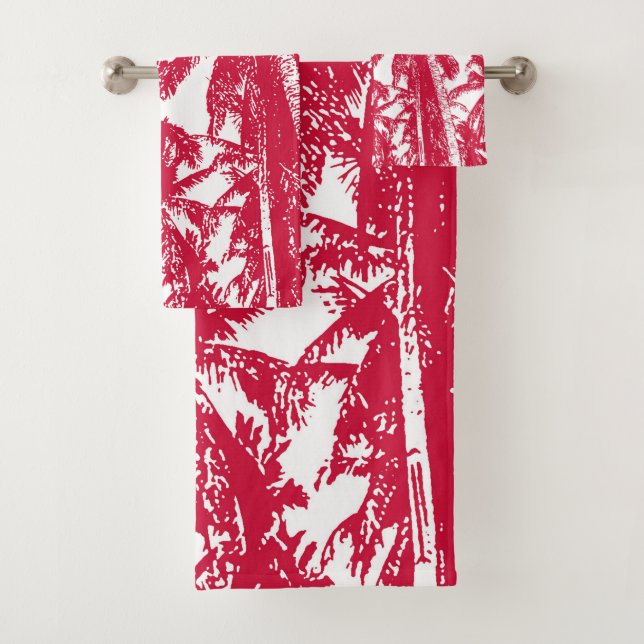 Tropical Palm Trees Design. Red and white. Bath Towel Set (Insitu)