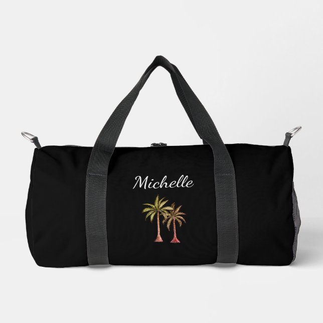 Tropical Palm Trees Elegant Script Classic Black  Duffle Bag (Front)