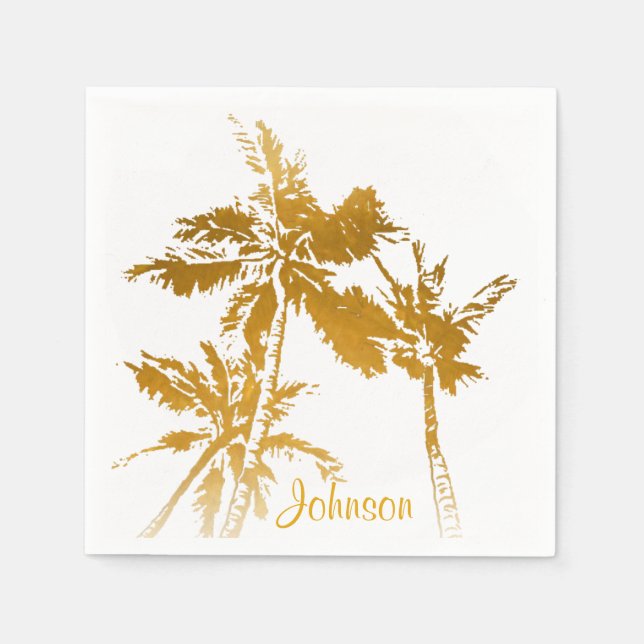 Tropical Palm Trees Faux Gold Script Add Name Napkin (Front)