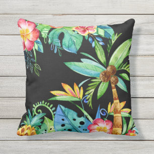 Tropical Palm Trees & Floral Watercolor Black Outdoor Pillow