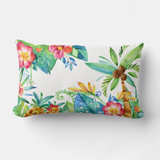 Tropical Palm Trees & Floral Watercolor Lumbar Pillow (Front)