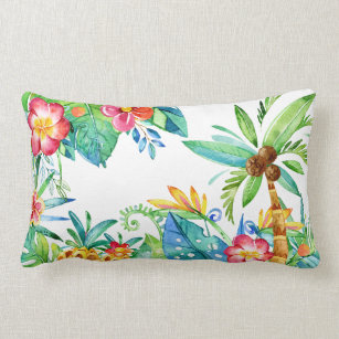 Tropical Palm Trees & Floral Watercolor Lumbar Pillow