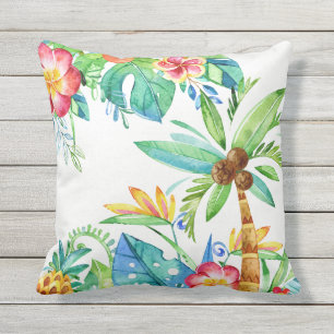 Tropical Palm Trees & Floral Watercolor Outdoor Pillow