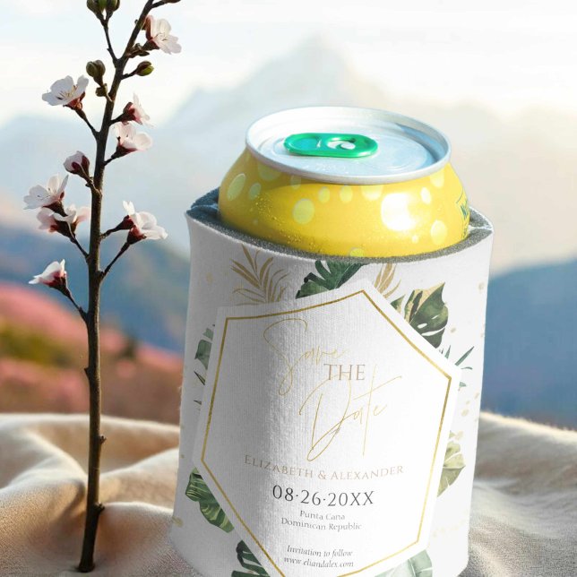 Tropical Palm Trees Gilded Script Save The Date Can Cooler (Creator Uploaded)