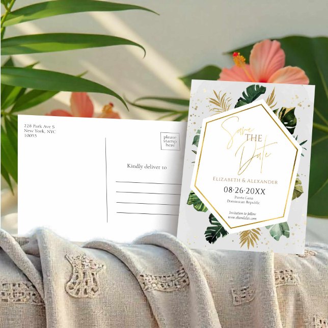 Tropical Palm Trees Gilded Script Save The Date Postcard (Creator Uploaded)