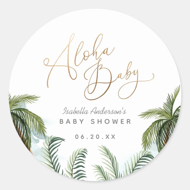 Tropical Palm Trees Gold Script Aloha Baby Shower Classic Round Sticker (Front)