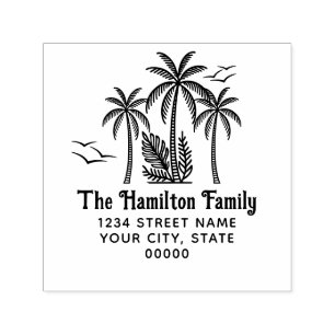 Tropical Palm Trees, Gulls Family Name Address SQ Self-inking Stamp