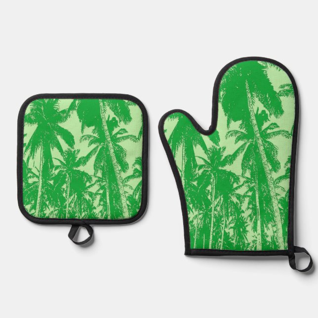 Tropical Palm Trees in Green on an Oven Mitt & Pot Holder Set (Front)
