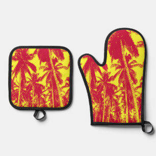Tropical Palm Trees in Red and Yellow on an Oven Mitt & Pot Holder Set