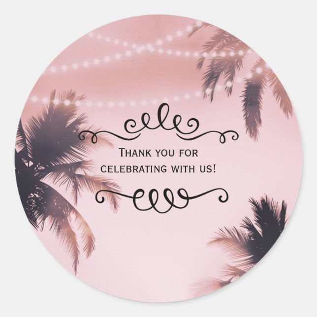 Tropical Palm Trees & Lights Pink Beachy Beach Classic Round Sticker (Front)