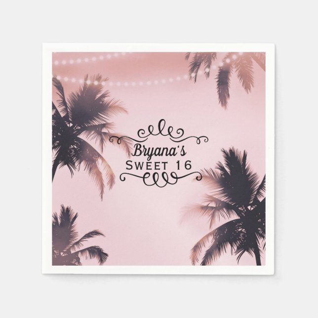 Tropical Palm Trees & Lights Pink Beachy Beach Napkin (Front)